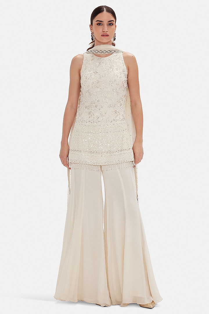 Ivory Georgette Sequins Work Party Wear Sharara Set by Basanti - Kapde aur Koffee at Pernia's Pop Up Shop