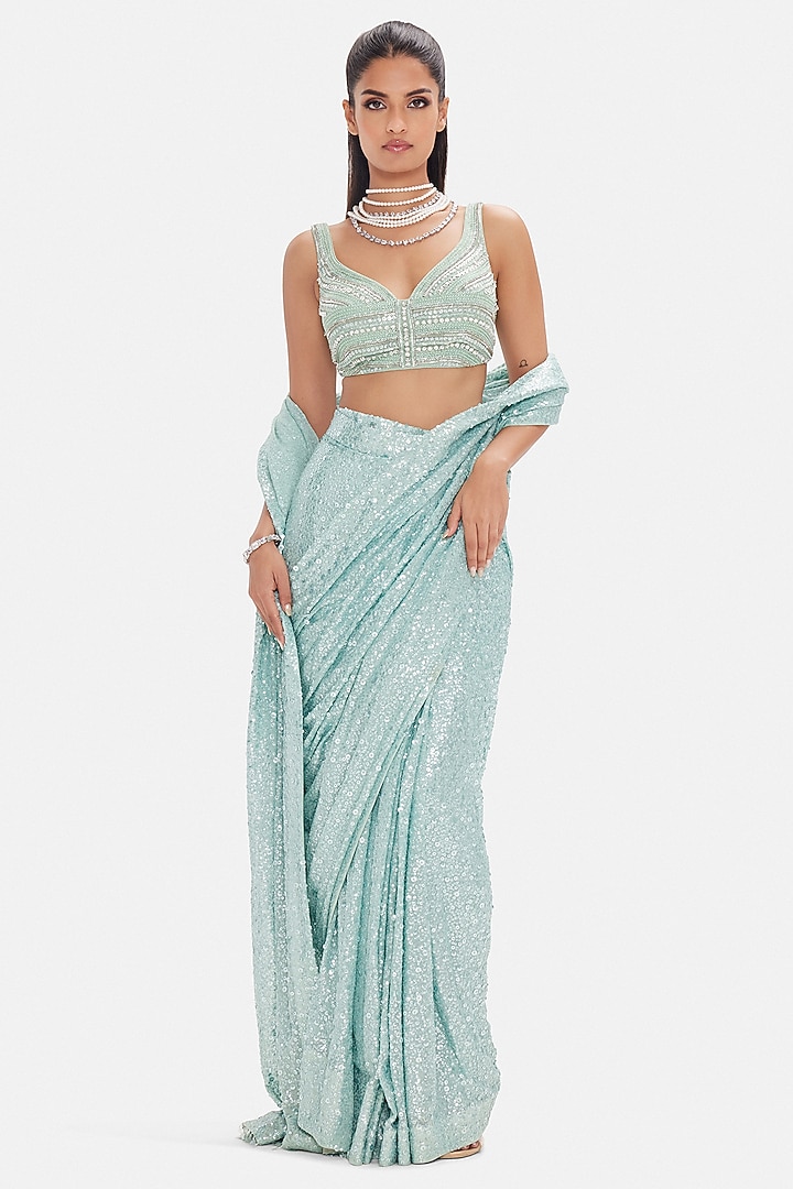 Blue Georgette Sequins Work Draped Party Wear Saree Set by Basanti - Kapde aur Koffee at Pernia's Pop Up Shop