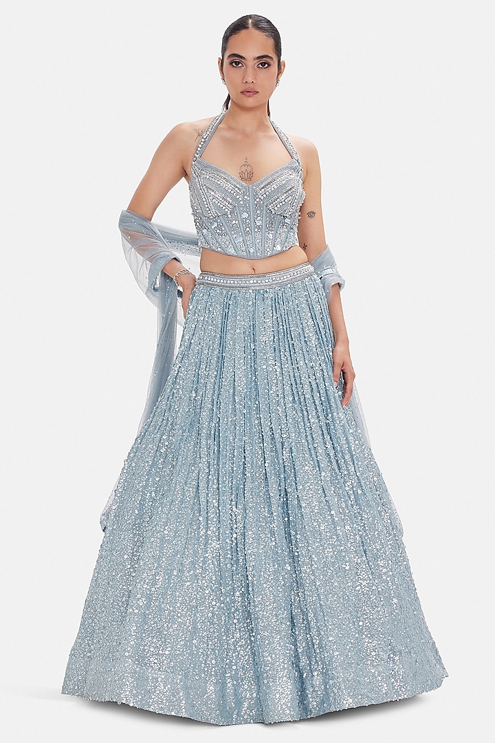 Blue Georgette Sequins & Beads Work Wedding Lehenga Set by Basanti - Kapde aur Koffee at Pernia's Pop Up Shop