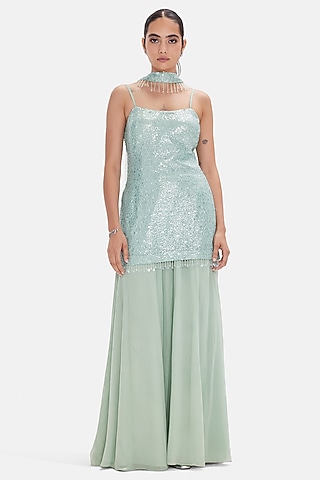 Green Georgette Sequins Work Sharara Set by Basanti - Kapde aur Koffee