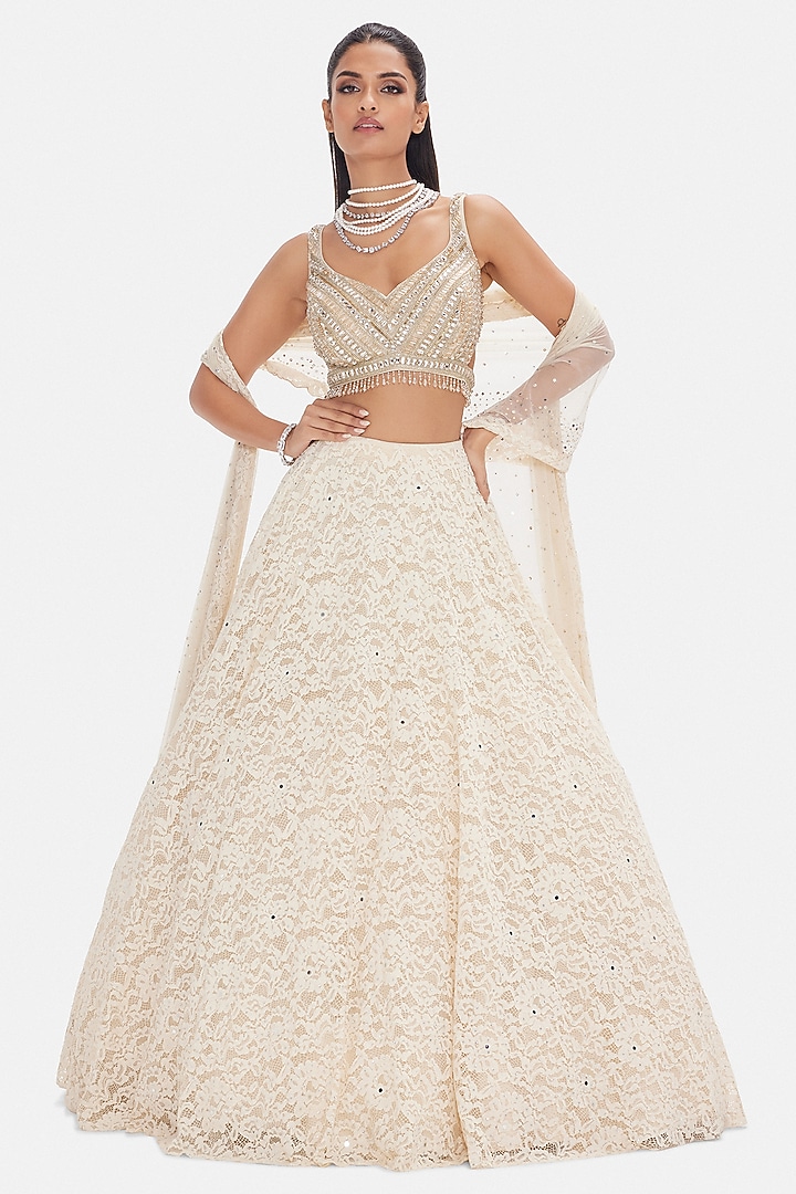 Ivory Shantley Net Sequins Work Wedding Lehenga Set by Basanti - Kapde aur Koffee at Pernia's Pop Up Shop