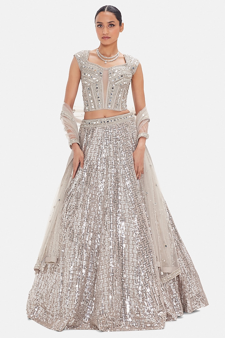 Silver Silk Sequins & Mirror Work Wedding Lehenga Set by Basanti - Kapde aur Koffee at Pernia's Pop Up Shop