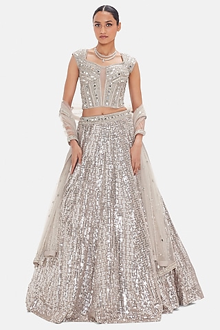 Silver Silk Sequins & Mirror Work Lehenga Set by Basanti - Kapde aur Koffee