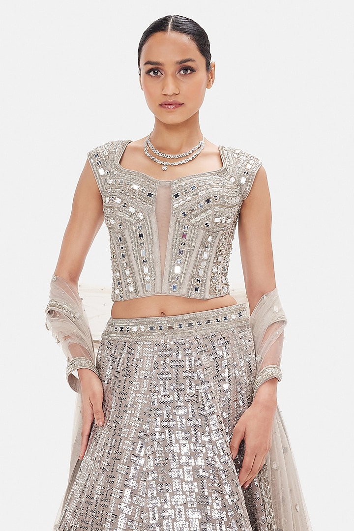 Silver Silk Sequins & Mirror Work Wedding Lehenga Set by Basanti - Kapde aur Koffee at Pernia's Pop Up Shop