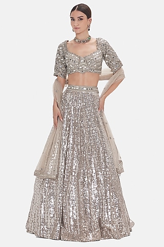 Silver Silk Sequins & Mirror Work Lehenga Set by Basanti - Kapde aur Koffee