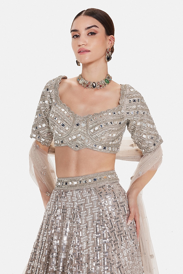 Silver Silk Sequins & Mirror Work Wedding Lehenga Set by Basanti - Kapde aur Koffee at Pernia's Pop Up Shop