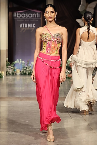 Pink Chinon Draped Skirt Set by Basanti - Kapde aur Koffee