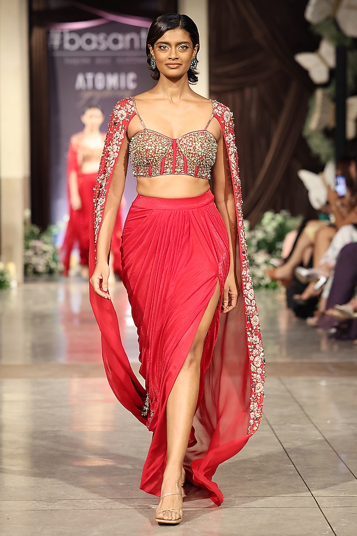 Red Viscose Organza Sequins embroidered Cape Set by Basanti - Kapde aur Koffee at Pernia's Pop Up Shop