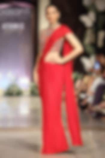 Red Glass Lycra Draped Wedding Saree Set by Basanti - Kapde aur Koffee at Pernia's Pop Up Shop