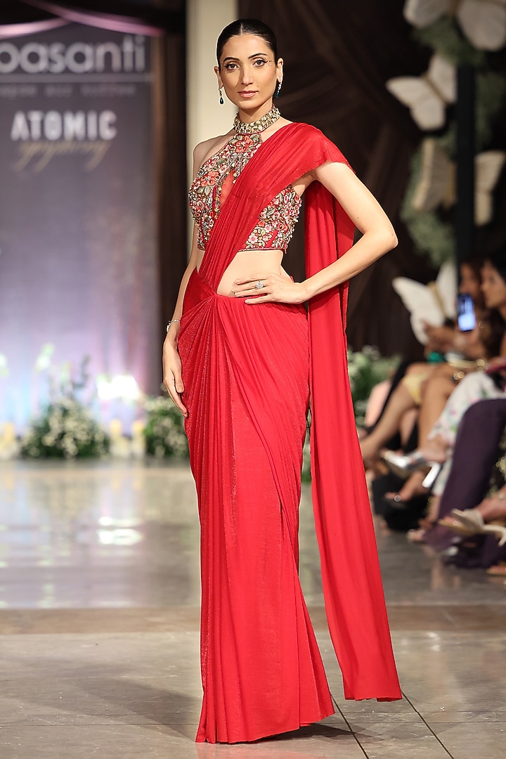Red Glass Lycra Draped Wedding Saree Set by Basanti - Kapde aur Koffee at Pernia's Pop Up Shop