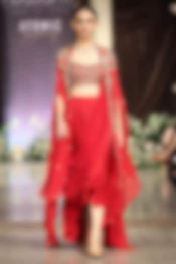 Red Viscose Organza Sequins embroidered Cape Set by Basanti - Kapde aur Koffee at Pernia's Pop Up Shop