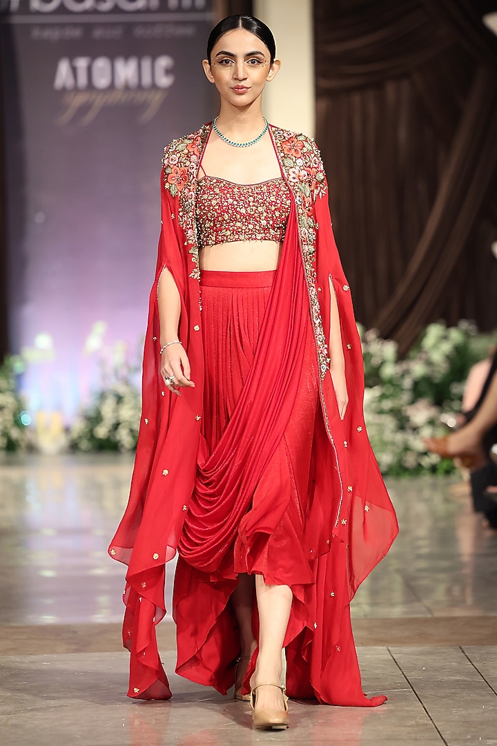 Red Viscose Organza Sequins embroidered Cape Set by Basanti - Kapde aur Koffee at Pernia's Pop Up Shop