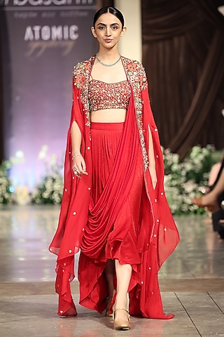 Red Viscose Organza Sequins embroidered Cape Set by Basanti - Kapde aur Koffee