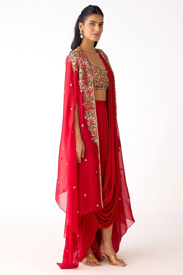 Red Viscose Organza Sequins embroidered Cape Set by Basanti - Kapde aur Koffee at Pernia's Pop Up Shop