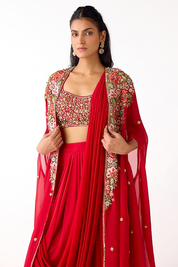 Red Viscose Organza Sequins embroidered Cape Set by Basanti - Kapde aur Koffee at Pernia's Pop Up Shop
