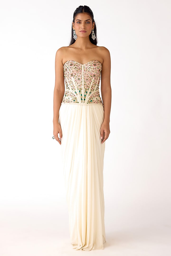 Ivory Glass Lycra Draped Skirt Set by Basanti - Kapde aur Koffee at Pernia's Pop Up Shop