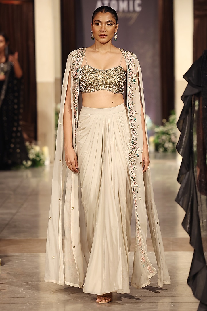 Ivory Viscose Organza Sequins Embroidered Cape Set by Basanti - Kapde aur Koffee at Pernia's Pop Up Shop