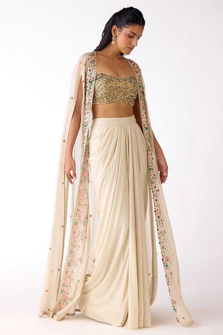 Ivory Viscose Organza Sequins Embroidered Cape Set by Basanti - Kapde aur Koffee at Pernia's Pop Up Shop