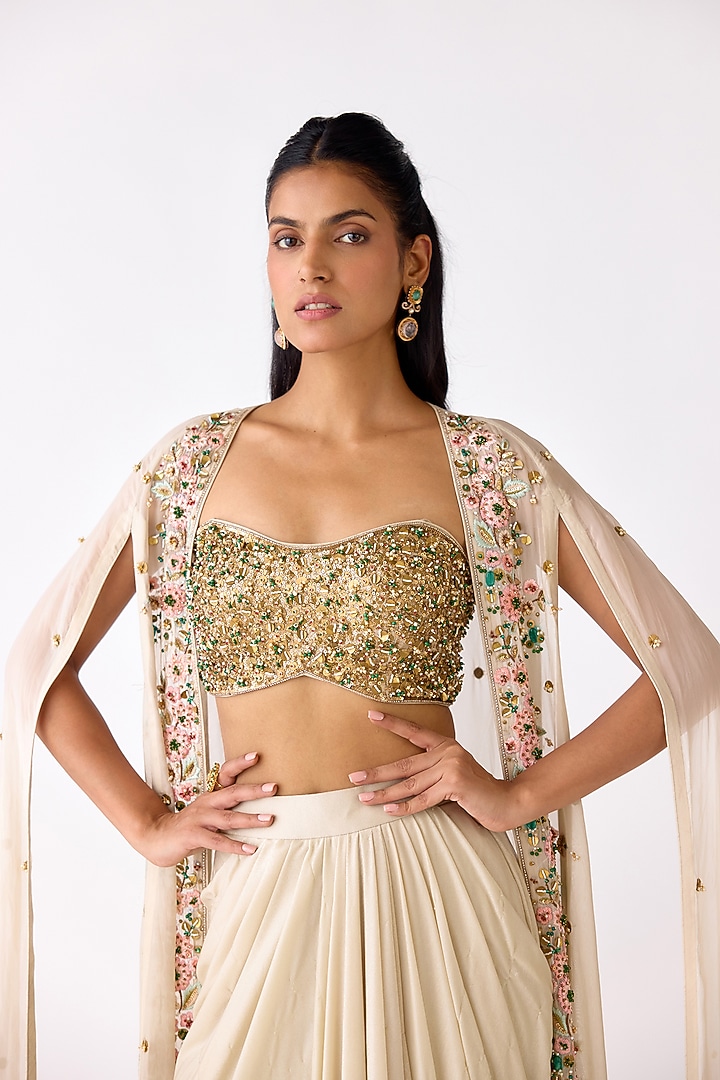 Ivory Viscose Organza Sequins Embroidered Cape Set by Basanti - Kapde aur Koffee at Pernia's Pop Up Shop