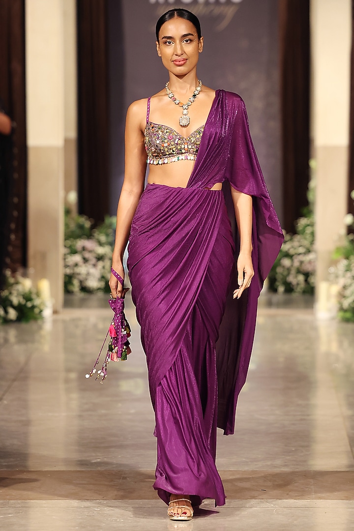 Purple Glass Lycra Draped Party Wear Saree Set by Basanti - Kapde aur Koffee at Pernia's Pop Up Shop