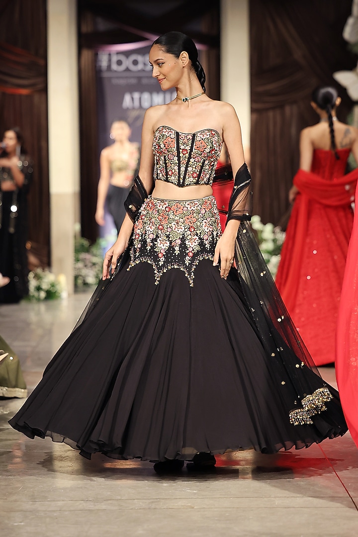 Black Viscose Organza Sequins Embroidered Mermaid Wedding Lehenga Set by Basanti - Kapde aur Koffee at Pernia's Pop Up Shop
