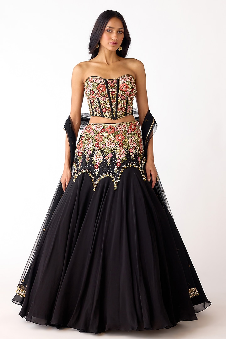 Black Viscose Organza Sequins Embroidered Mermaid Wedding Lehenga Set by Basanti - Kapde aur Koffee at Pernia's Pop Up Shop