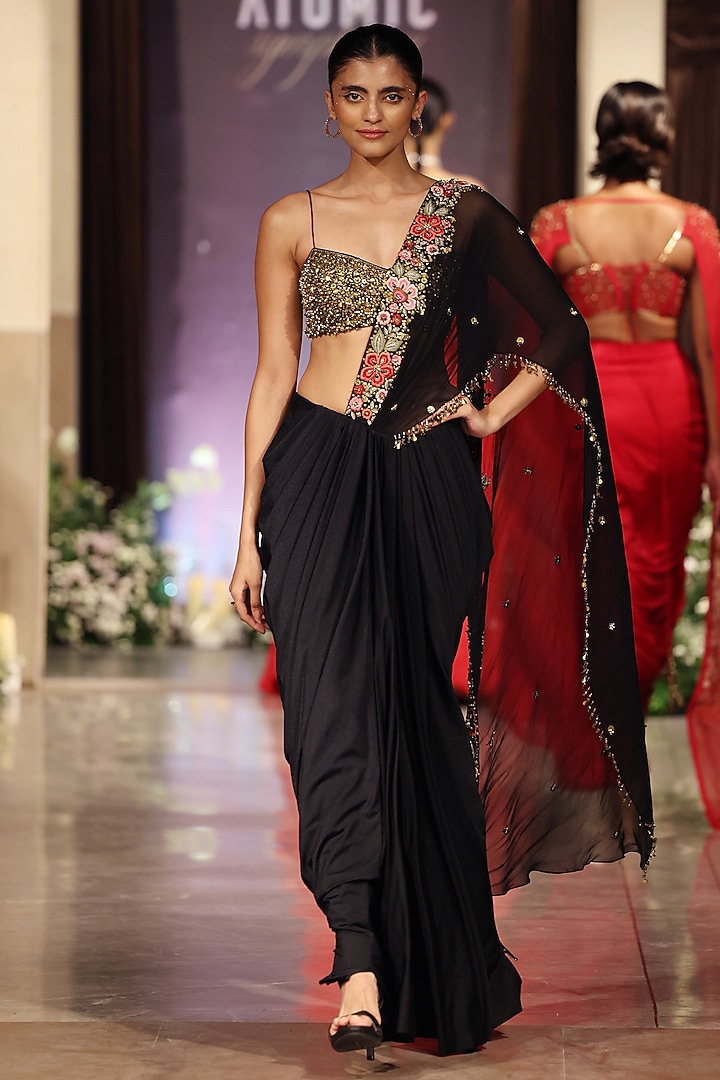 Black Viscose Lycra Draped Wedding Saree Set by Basanti - Kapde aur Koffee at Pernia's Pop Up Shop