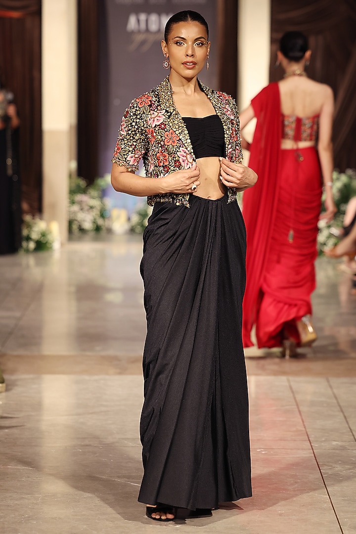 Black Viscose Lycra Draped Skirt Set by Basanti - Kapde aur Koffee at Pernia's Pop Up Shop