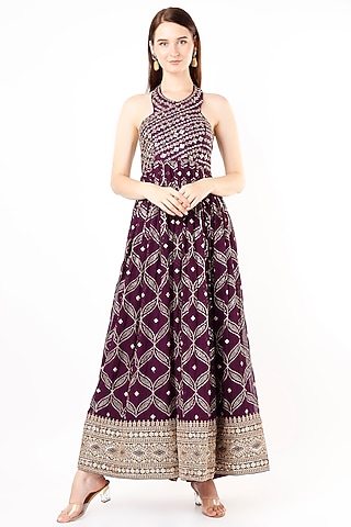 Purple Silk Embroidered Jumpsuit by Basanti - Kapde aur Koffee