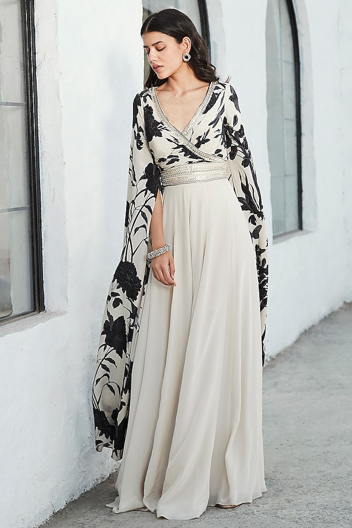 Black & White Luxe Crepe Embroidered Jumpsuit by Basanti - Kapde aur Koffee