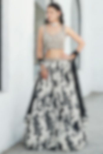 Ivory & Black Crepe Floral Printed & Hand Embroidered Lehenga Set by Basanti - Kapde aur Koffee at Pernia's Pop Up Shop