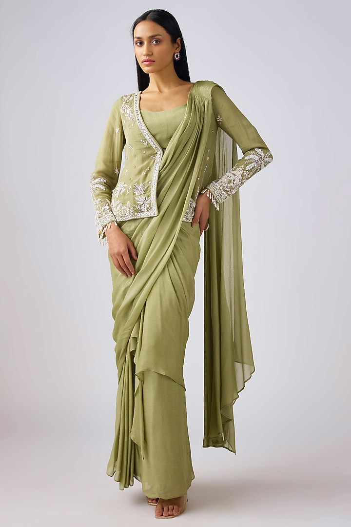 Green CHinon Sequins Embroidered Jacket Pre-Draped Party Wear Saree Set by Basanti - Kapde aur Koffee at Pernia's Pop Up Shop