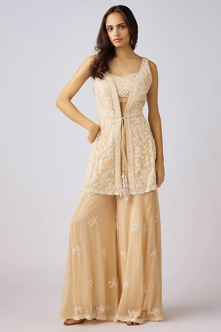 Gold Georgette Sequins Embroidered Cape Set by Basanti - Kapde aur Koffee at Pernia's Pop Up Shop