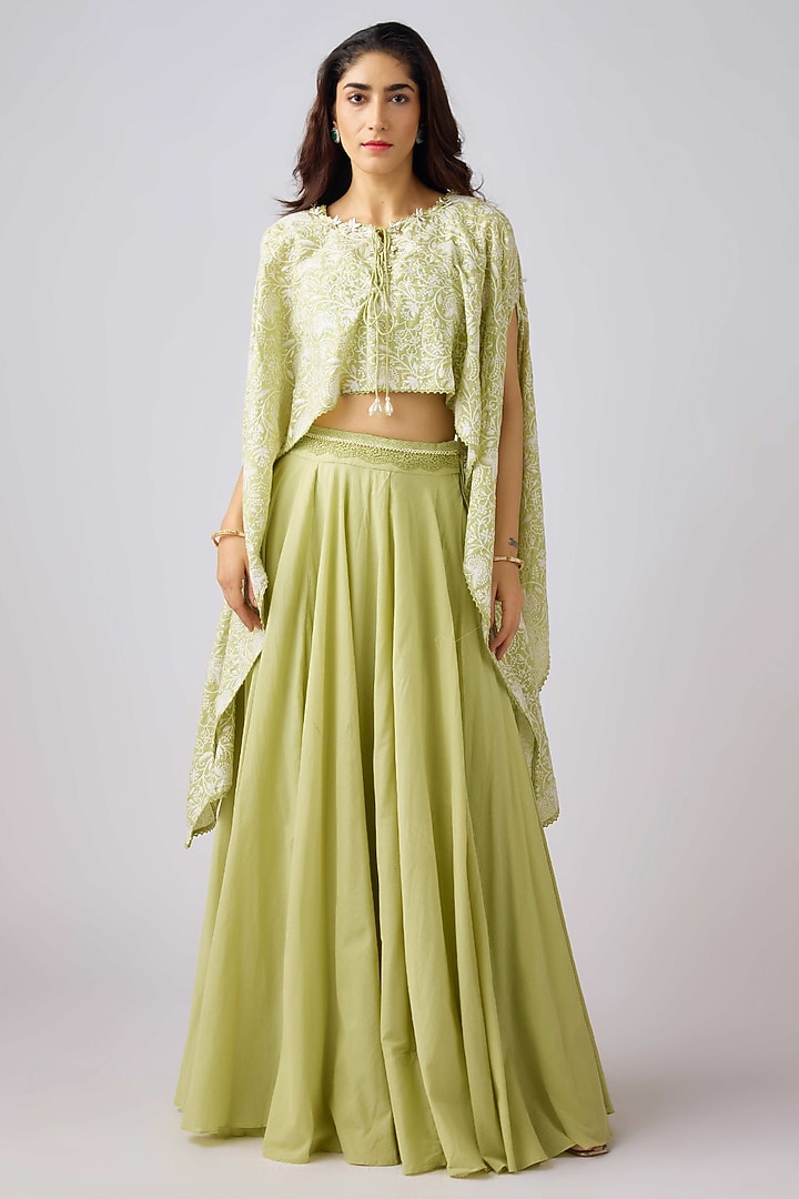 Pista Green Soft Cotton Thread Embroidered Cape Set by Basanti - Kapde aur Koffee at Pernia's Pop Up Shop