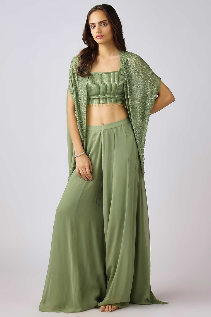 Green Georgette Bead Embroidered Cape Set by Basanti - Kapde aur Koffee at Pernia's Pop Up Shop