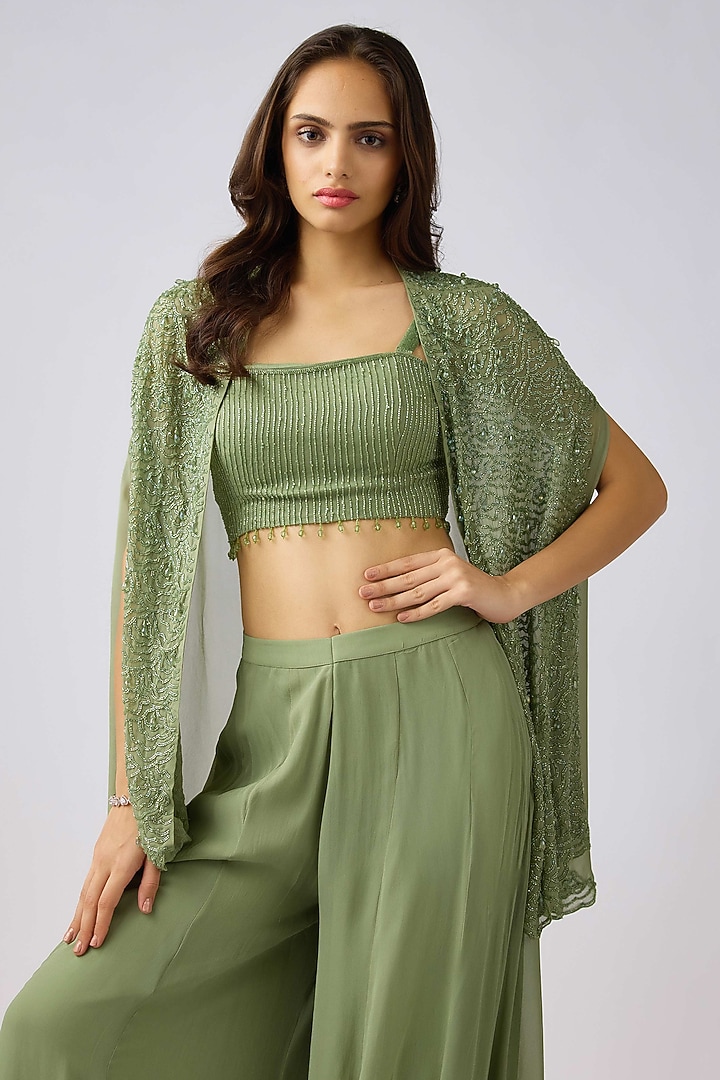 Green Georgette Bead Embroidered Cape Set by Basanti - Kapde aur Koffee at Pernia's Pop Up Shop