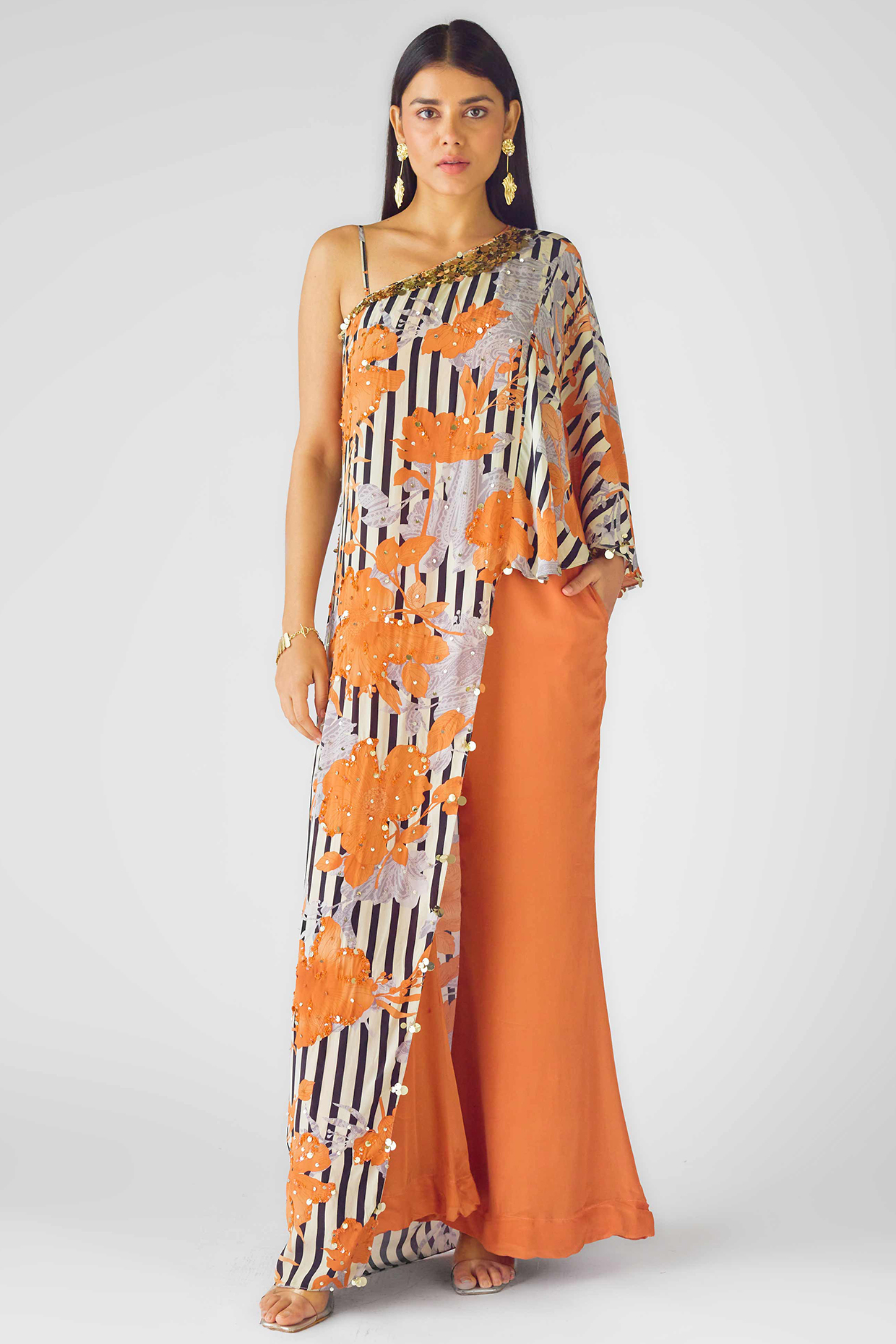 Orange Crepe Sequins Embroidered Asymmetric Cape Set by Basanti - Kapde aur Koffee at Pernia's Pop Up Shop