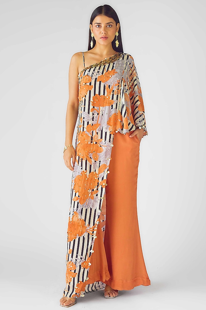 Orange Crepe Sequins Embroidered Asymmetric Cape Set by Basanti - Kapde aur Koffee at Pernia's Pop Up Shop