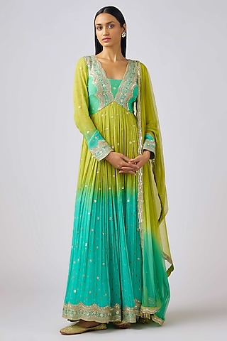 Lime Georgette Zari Work Anarkali Set by Basanti - Kapde aur Koffee
