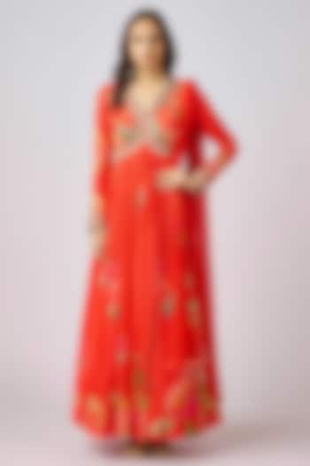 Red Georgette Sequins Embroidered Party Wear Anarkali Set by Basanti - Kapde aur Koffee at Pernia's Pop Up Shop