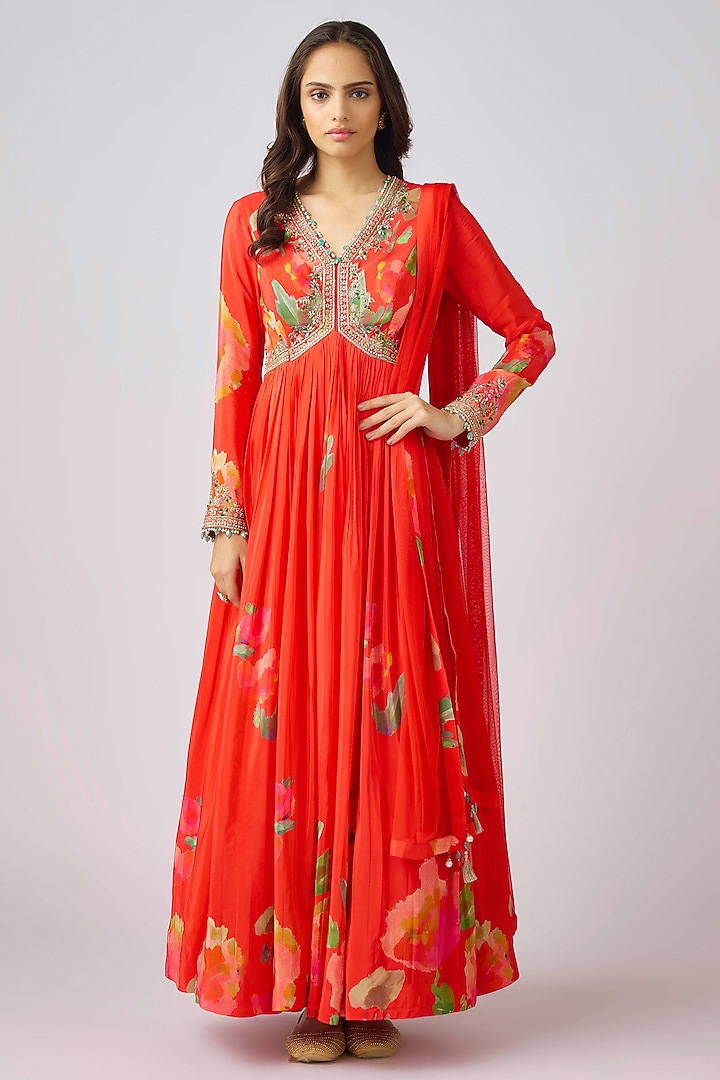 Red Georgette Sequins Embroidered Party Wear Anarkali Set by Basanti - Kapde aur Koffee at Pernia's Pop Up Shop