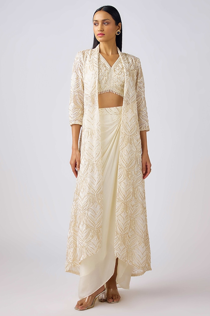 Ivory Chinon Sequins Embroidered Cape Set by Basanti - Kapde aur Koffee at Pernia's Pop Up Shop