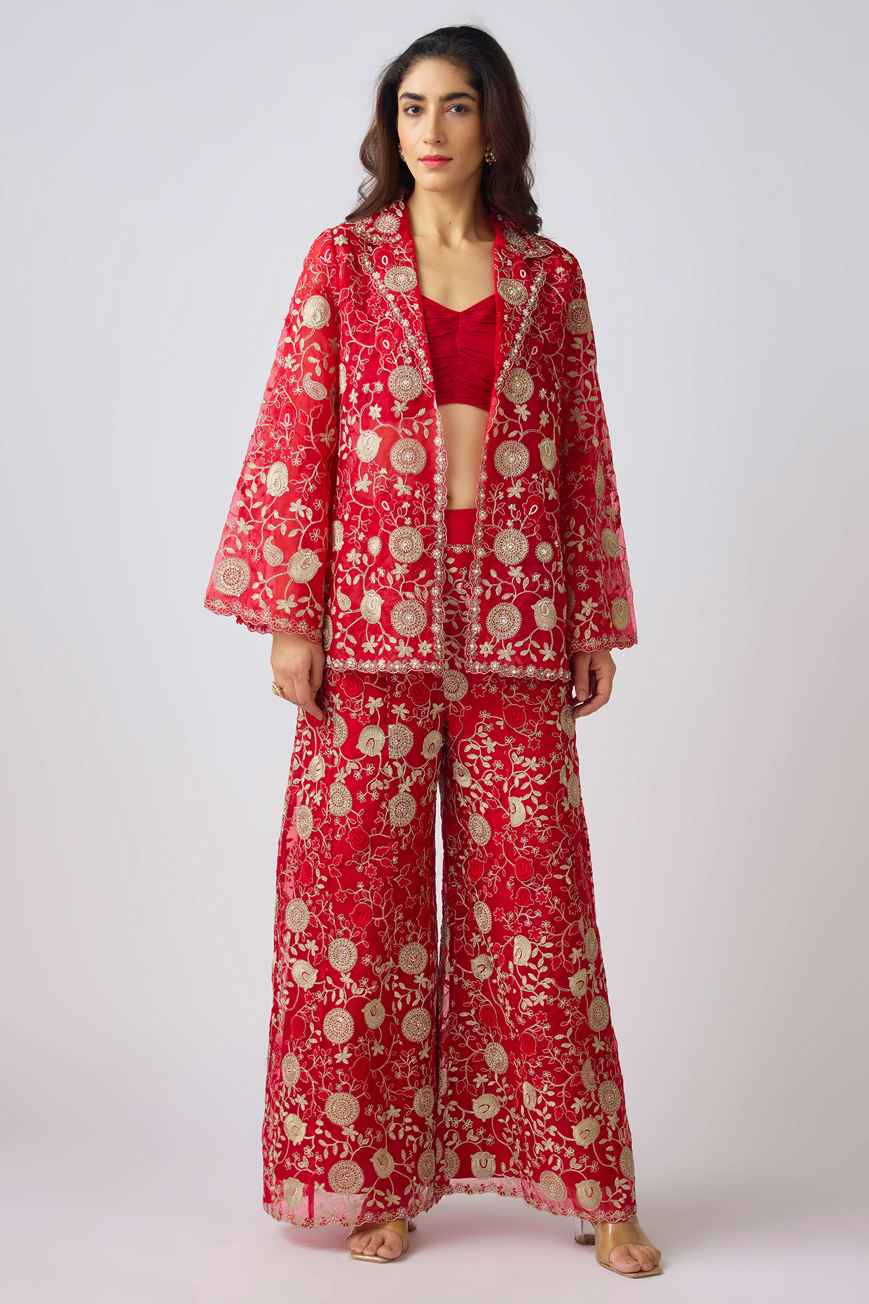 Red Chantilly Net Pearl Embroidered Co-Ord Set by Basanti - Kapde aur Koffee at Pernia's Pop Up Shop