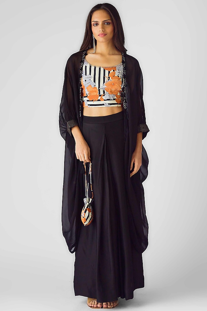 Black Crepe Sequins Embroidered Cape Set by Basanti - Kapde aur Koffee at Pernia's Pop Up Shop
