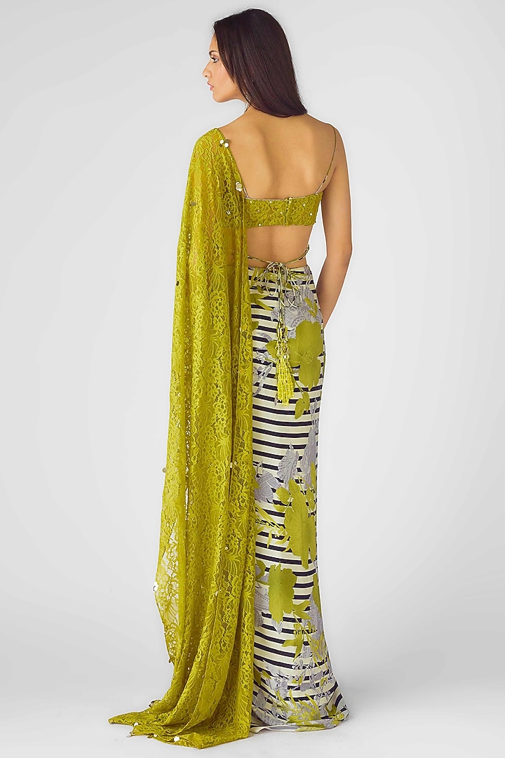 Green Crepe Sequins Embroidered Draped Party Wear Saree Set by Basanti - Kapde aur Koffee at Pernia's Pop Up Shop