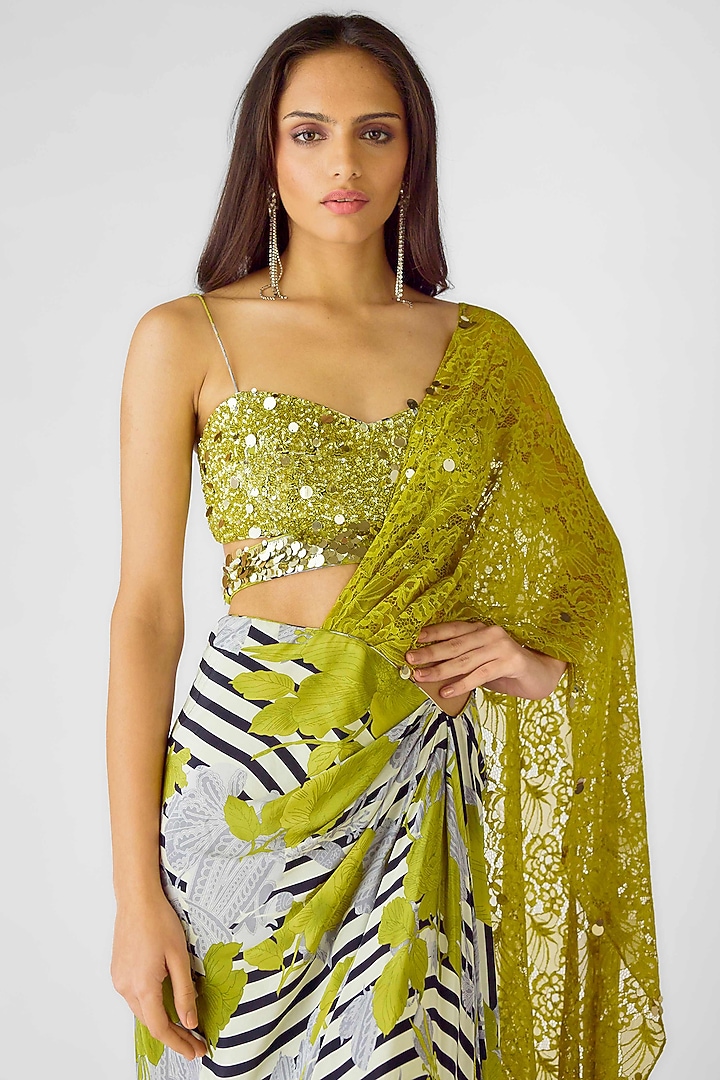 Green Crepe Sequins Embroidered Draped Party Wear Saree Set by Basanti - Kapde aur Koffee at Pernia's Pop Up Shop