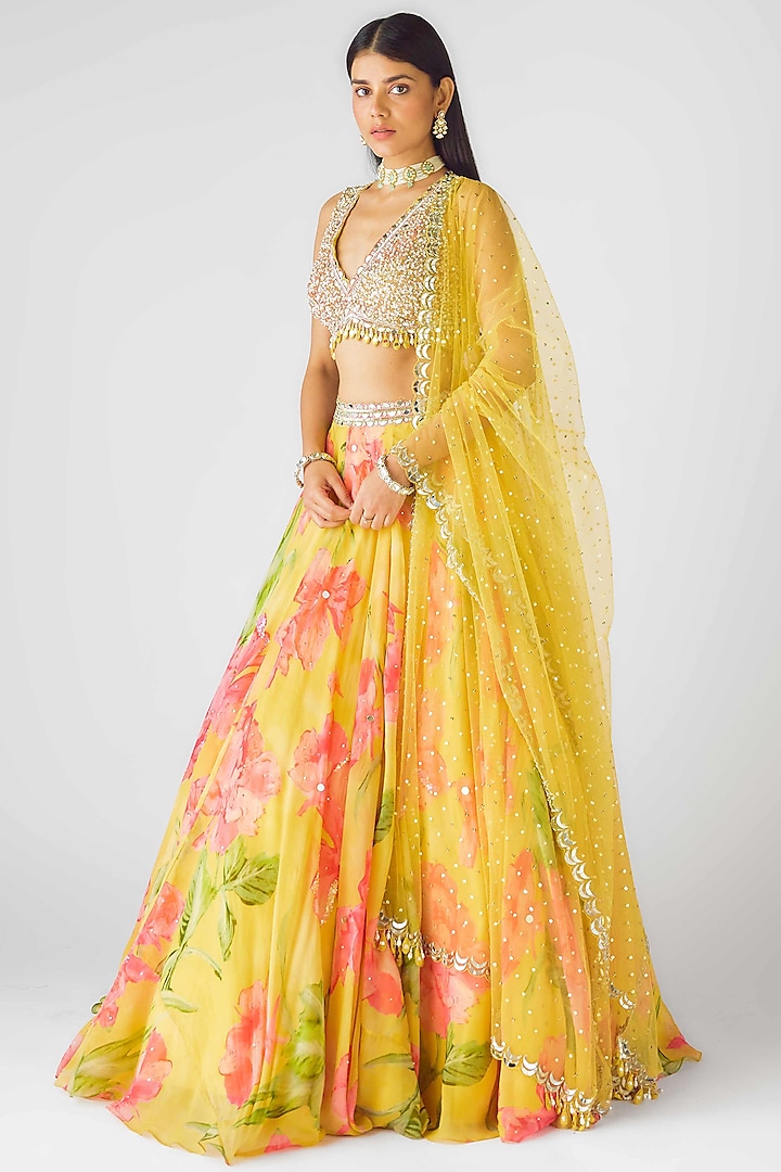 Yellow Georgette Sequins Embroidered Wedding Lehenga Set by Basanti - Kapde aur Koffee at Pernia's Pop Up Shop