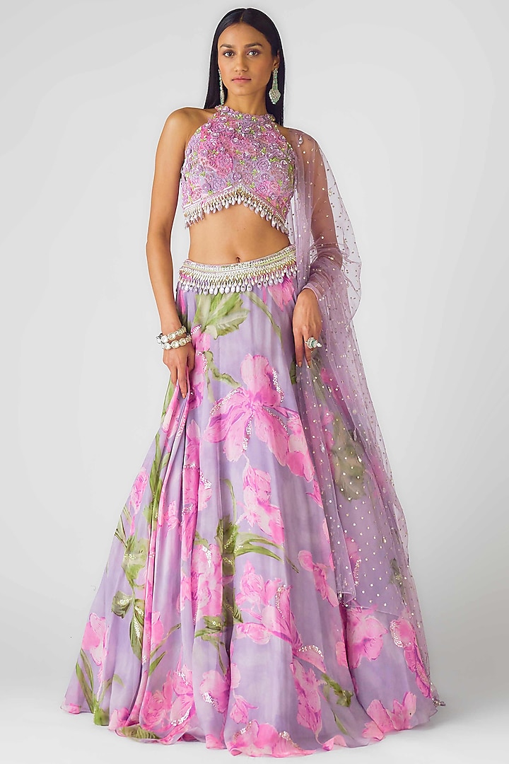 Purple Georgette Sequins Embroidered Floral Wedding Lehenga Set by Basanti - Kapde aur Koffee at Pernia's Pop Up Shop