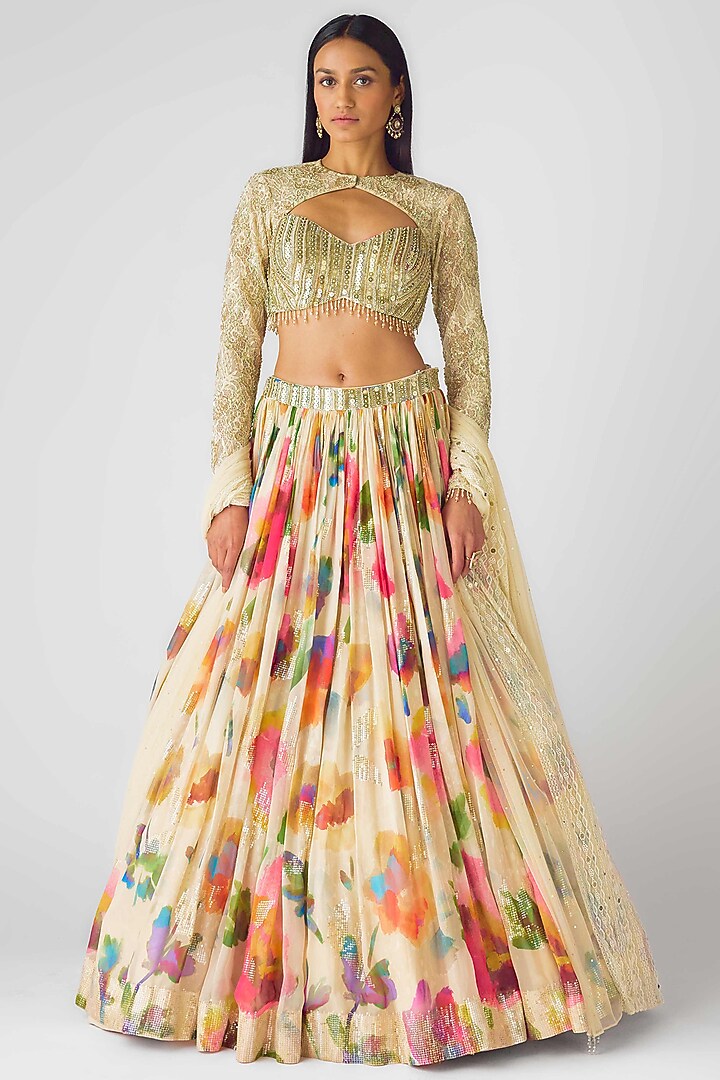 Beige Georgette Cutdana Embroidered Wedding Lehenga Set by Basanti - Kapde aur Koffee at Pernia's Pop Up Shop