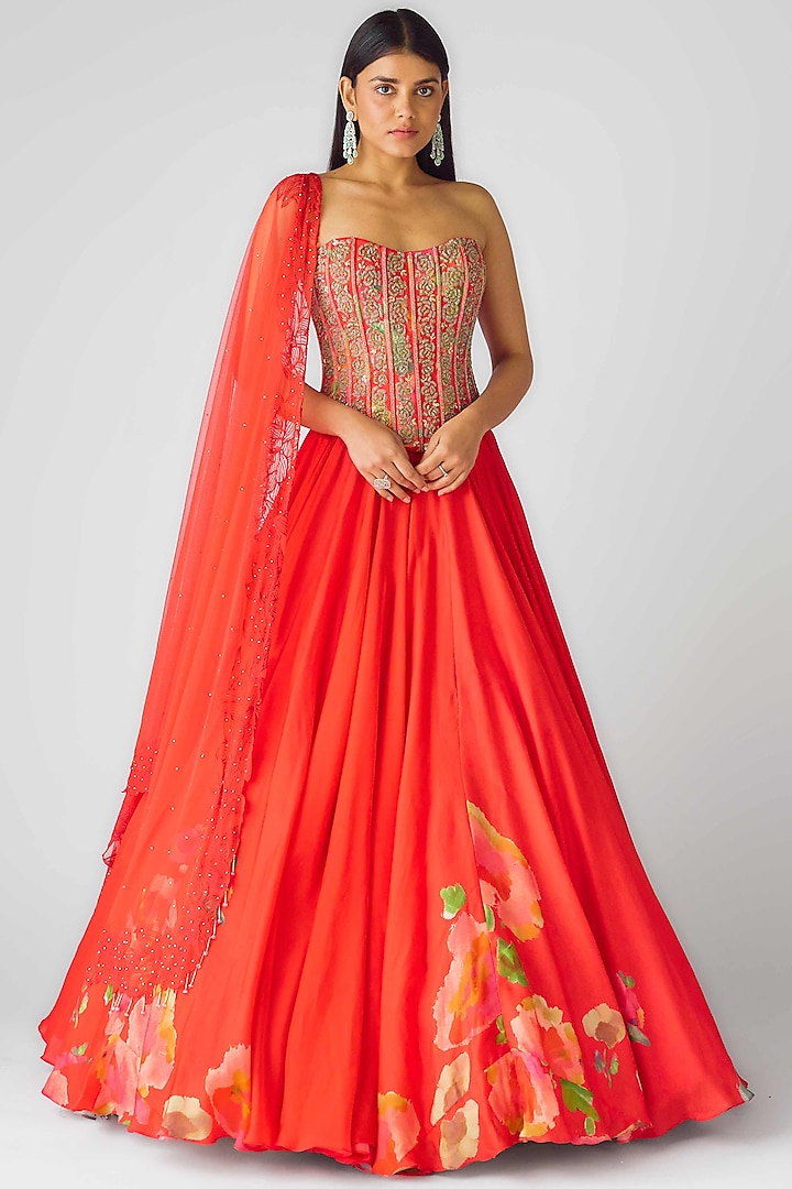 Red Georgette Sequins Embroidered  dulhan bday 22 may Lehenga Set by Basanti - Kapde aur Koffee at Pernia's Pop Up Shop